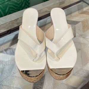 Jimmy Choo pathos patent leather, cork, sandal, white.